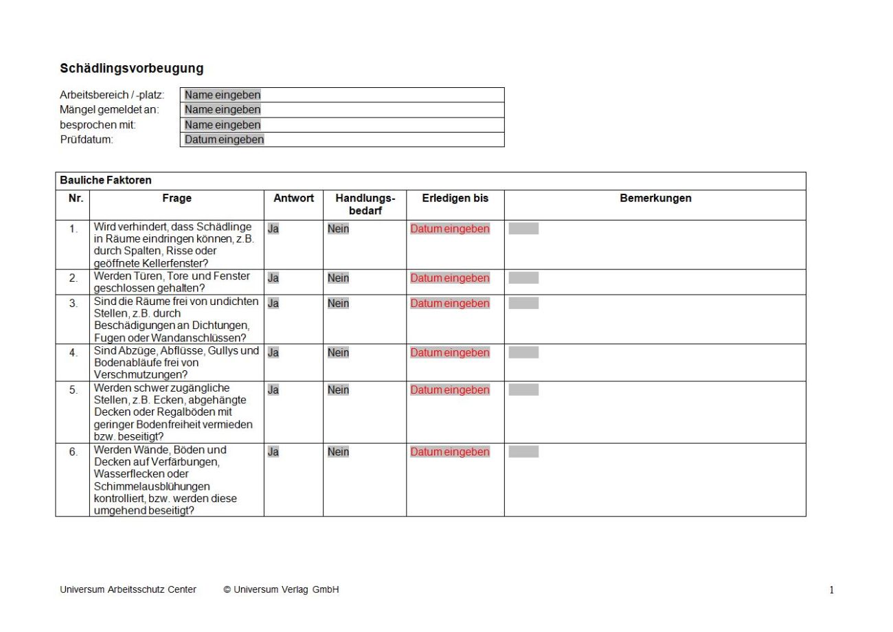 Checkliste - Hygienekontrolle Schädlingsvorbeugung | Nur 2.90€ zum Download